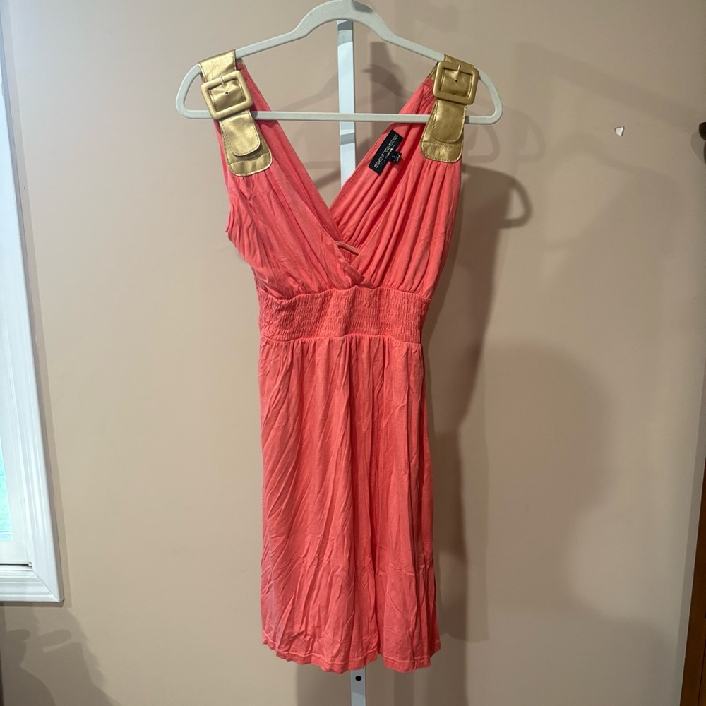 Chic Vintage Coral Mini Dress with Gold Leather Like Details